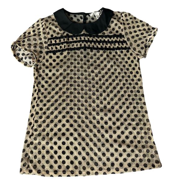 Kenar Cream/Black/Gold, Polka Dotted, Short Sleeve, Ruffled, Collared, Blouse- S - Picture 1 of 9